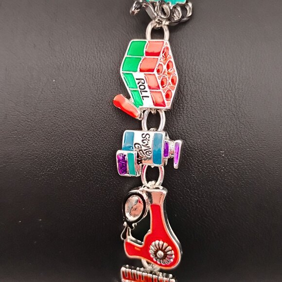 VTG 90s Women Silver Tone Hair Stylist Charm Bracelet Fun Statement Multicolor - Picture 2 of 6
